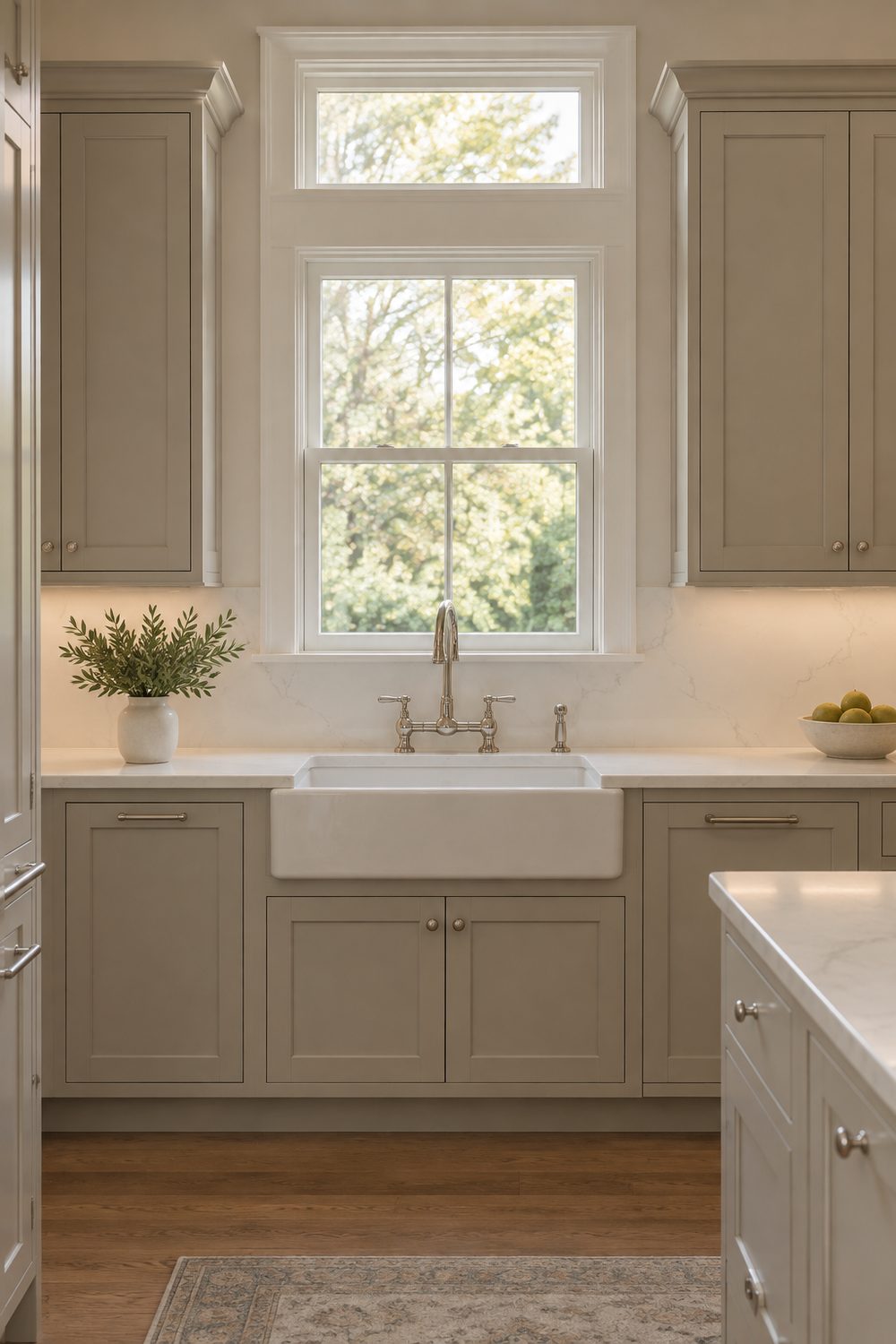 Double hung kitchen window with a narrow transom window stacked above it near the ceiling, greige cabinets, white counters
