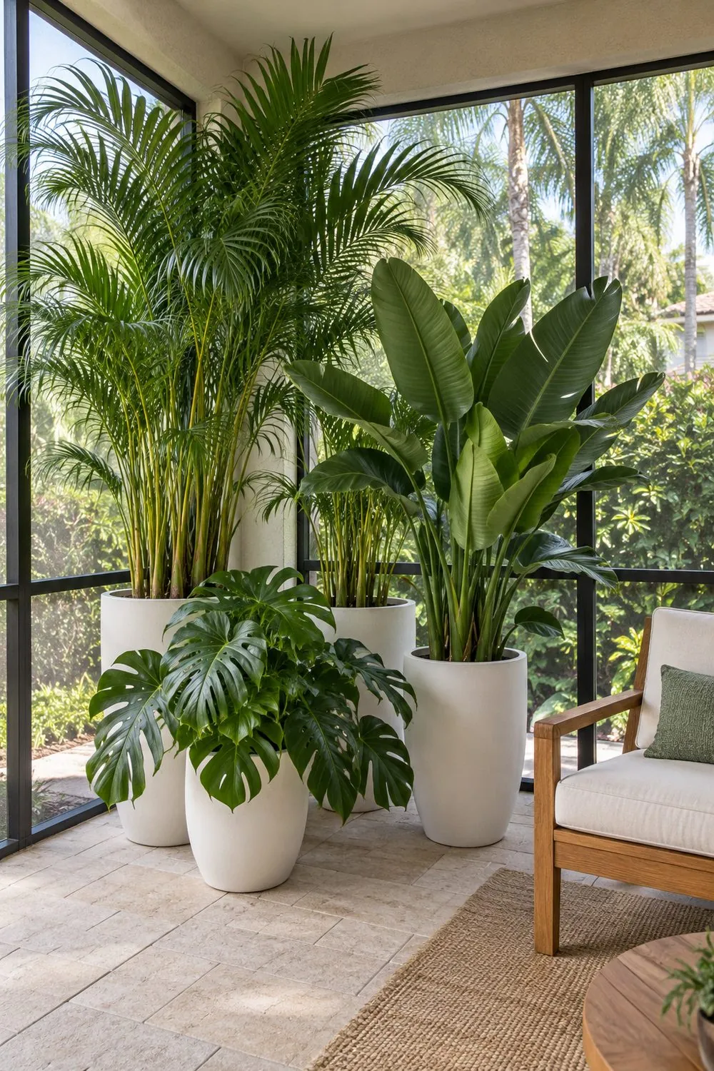 Three large potted palms and a bird of paradise in white fiberglass planters in the corner of a screened lanai