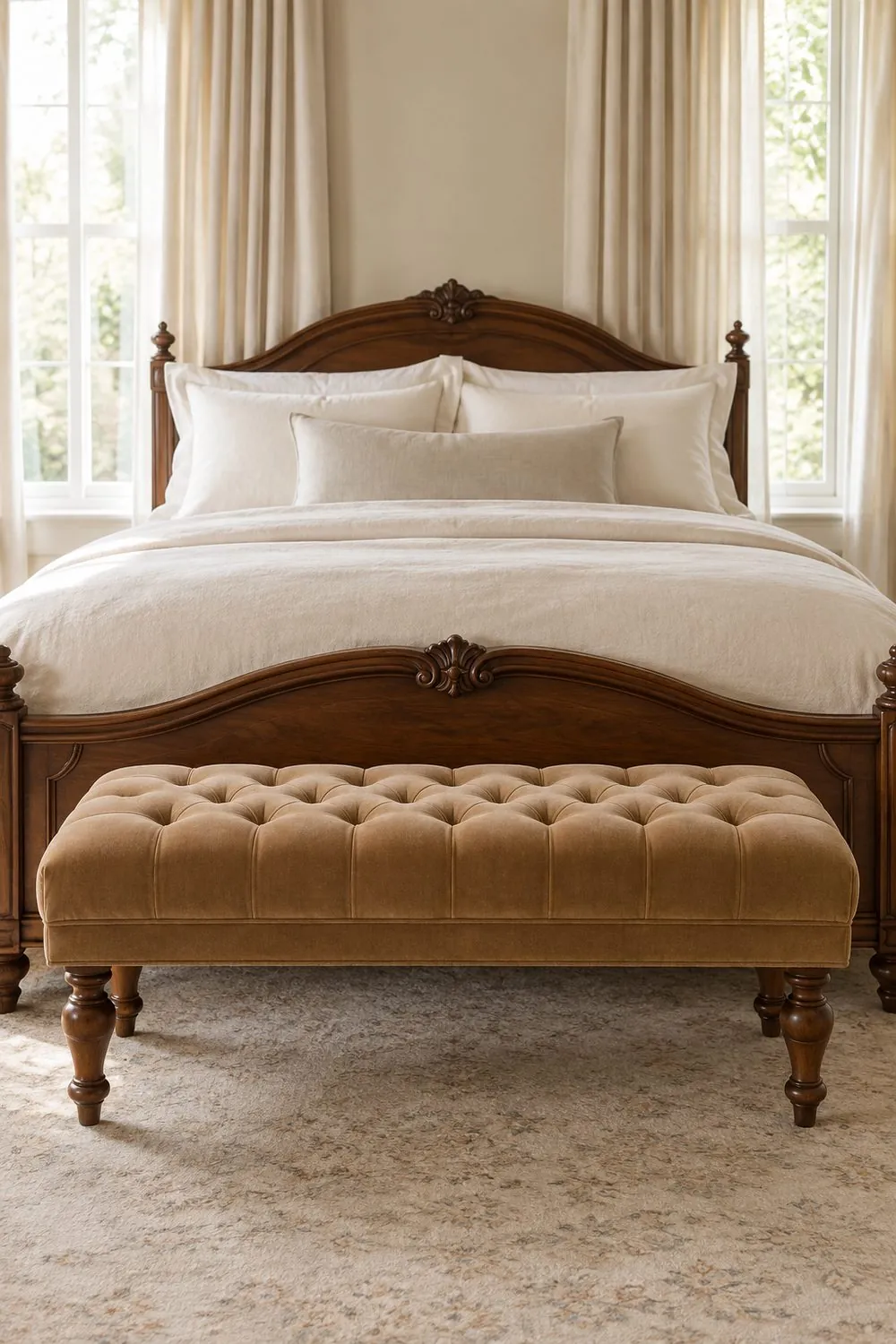 Camel velvet button-tufted bench on turned wood legs at the foot of a carved wood bed with ivory bedding