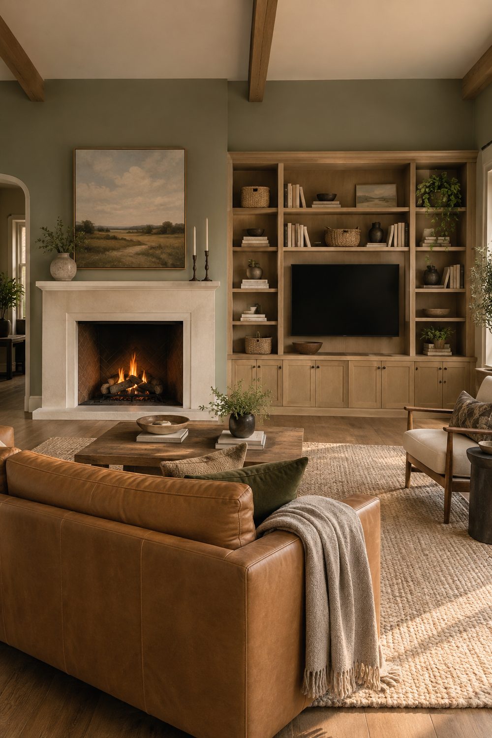 Fireplace with white plaster surround beside a TV set into white oak built-in bookshelves on the same sage green wall
