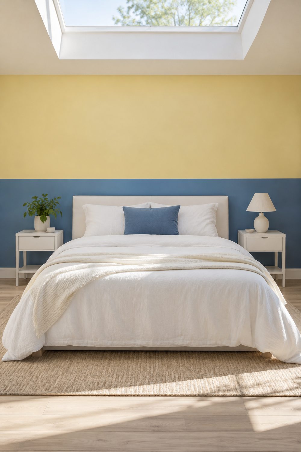 Bedroom wall color blocked in medium blue below and soft yellow above, straight dividing line, white bed and nightstands