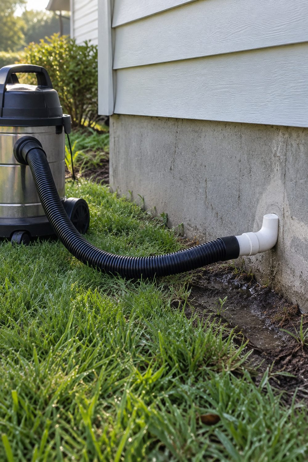 Black wet/dry vacuum hose fitted over a white PVC condensate drain pipe at a house foundation, steel shop vacuum on the grass