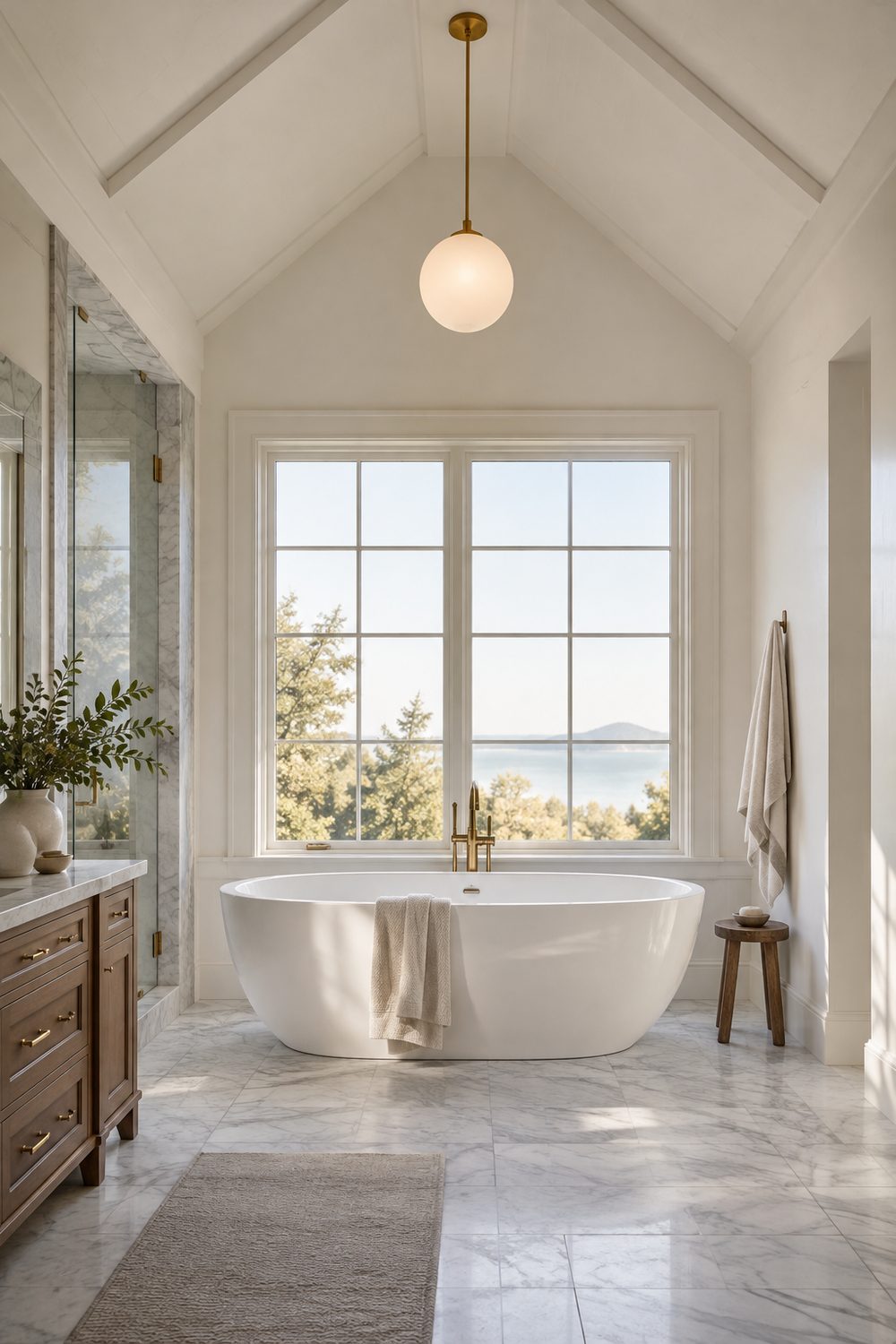 Frosted glass globe pendant hanging high above a white freestanding tub in a marble bathroom with a white vaulted ceiling