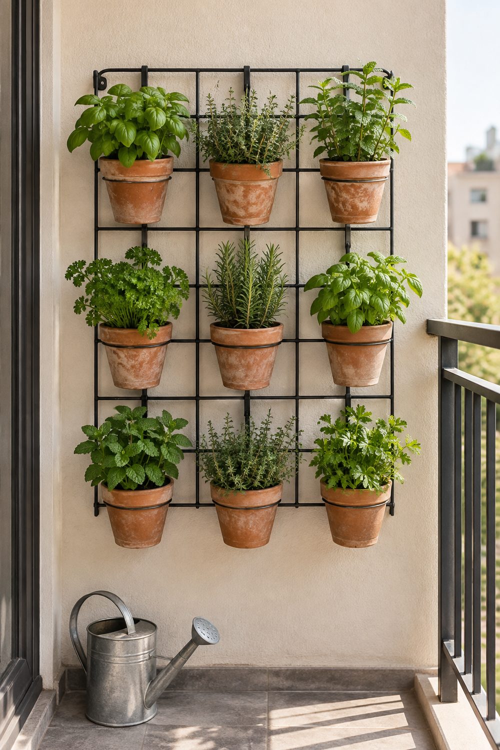 Nine terracotta pots of basil, thyme and mint hanging in rows on a black metal rack on a small balcony wall