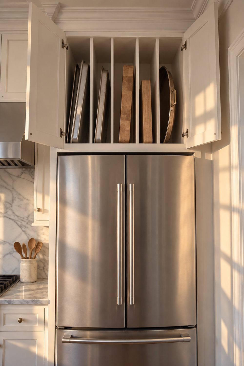 Open cabinet above a stainless refrigerator with vertical dividers holding sheet pans, cutting boards and a serving tray