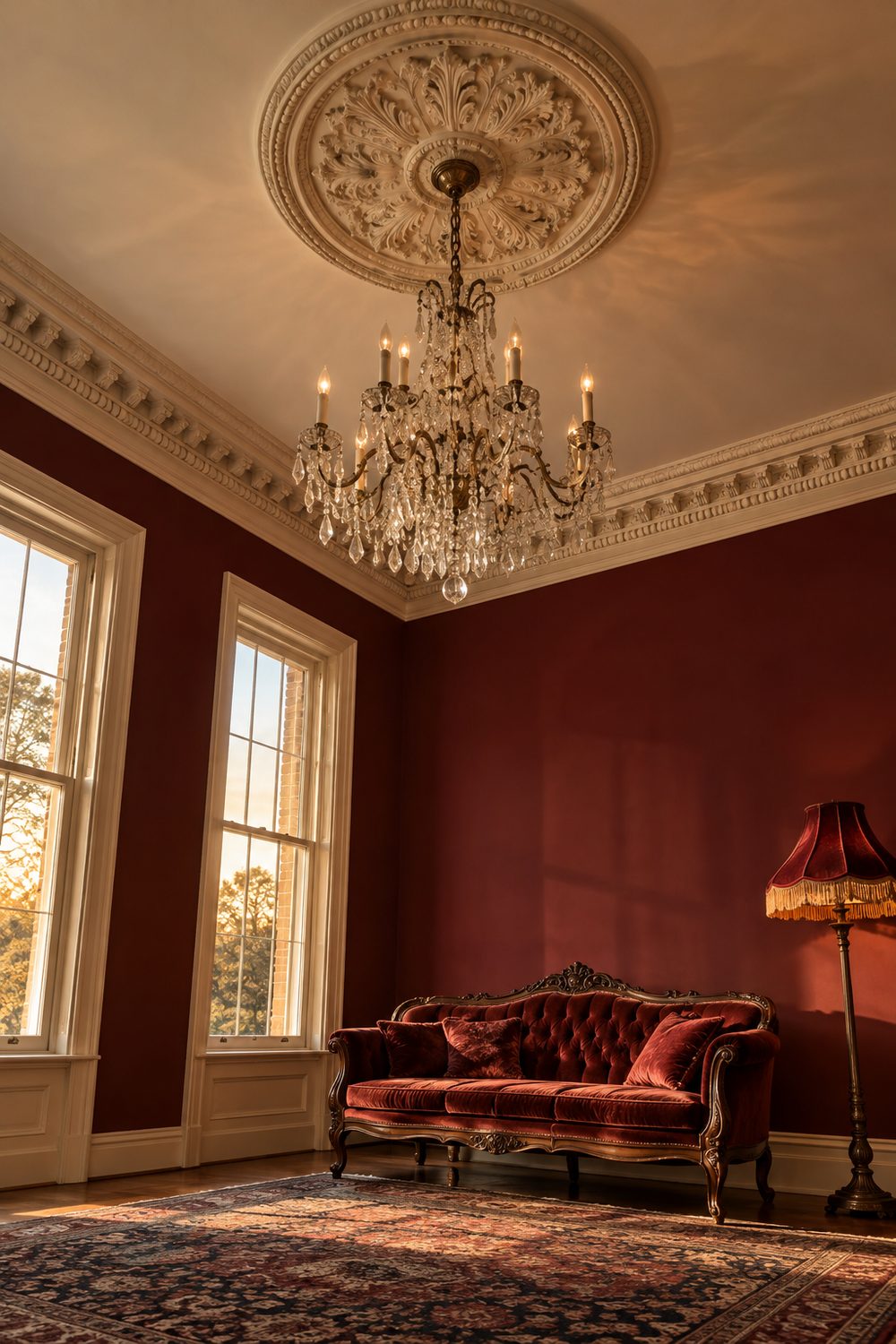 Victorian parlor with burgundy walls, ornate cream plaster crown molding and a round ceiling medallion holding a crystal chandelier