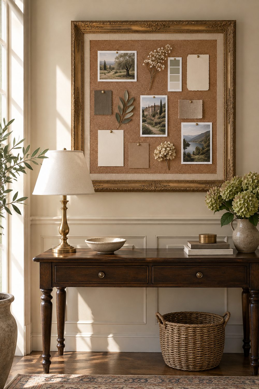 Cork board inside an ornate antique gold frame with a linen border, hung above a dark wood console table