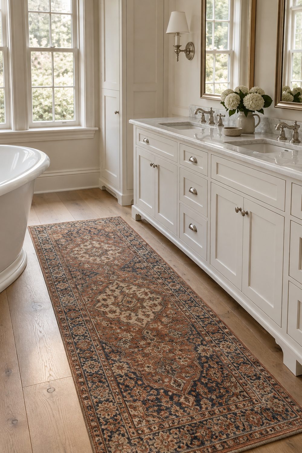 Faded rust and navy Persian runner on wide plank oak floors in front of a white vanity in a traditional bathroom