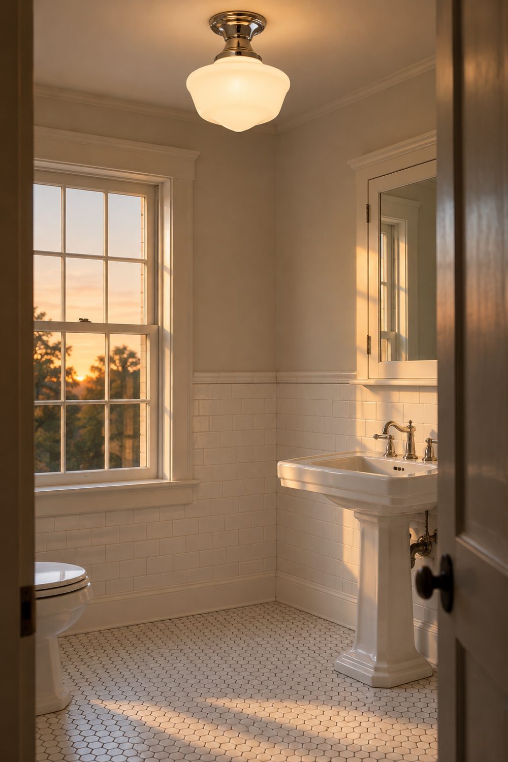 Vintage schoolhouse milk glass ceiling light above a white pedestal sink with subway tile wainscot and hex floor tile