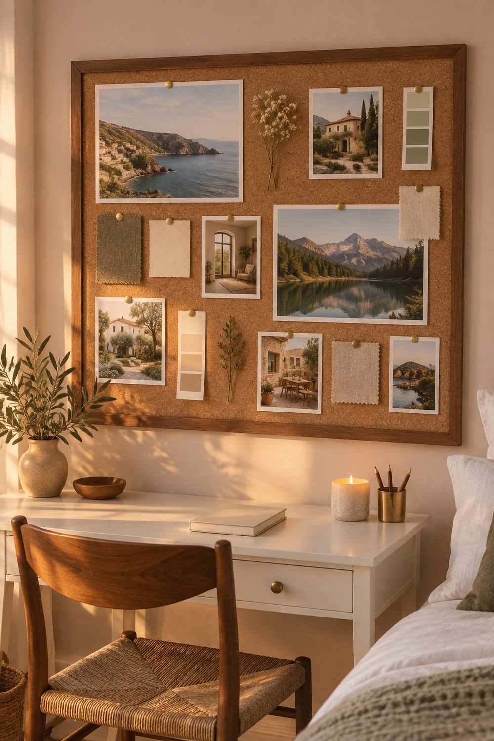 Large walnut framed cork board styled as a vision board with travel photos and fabric swatches above a small writing desk