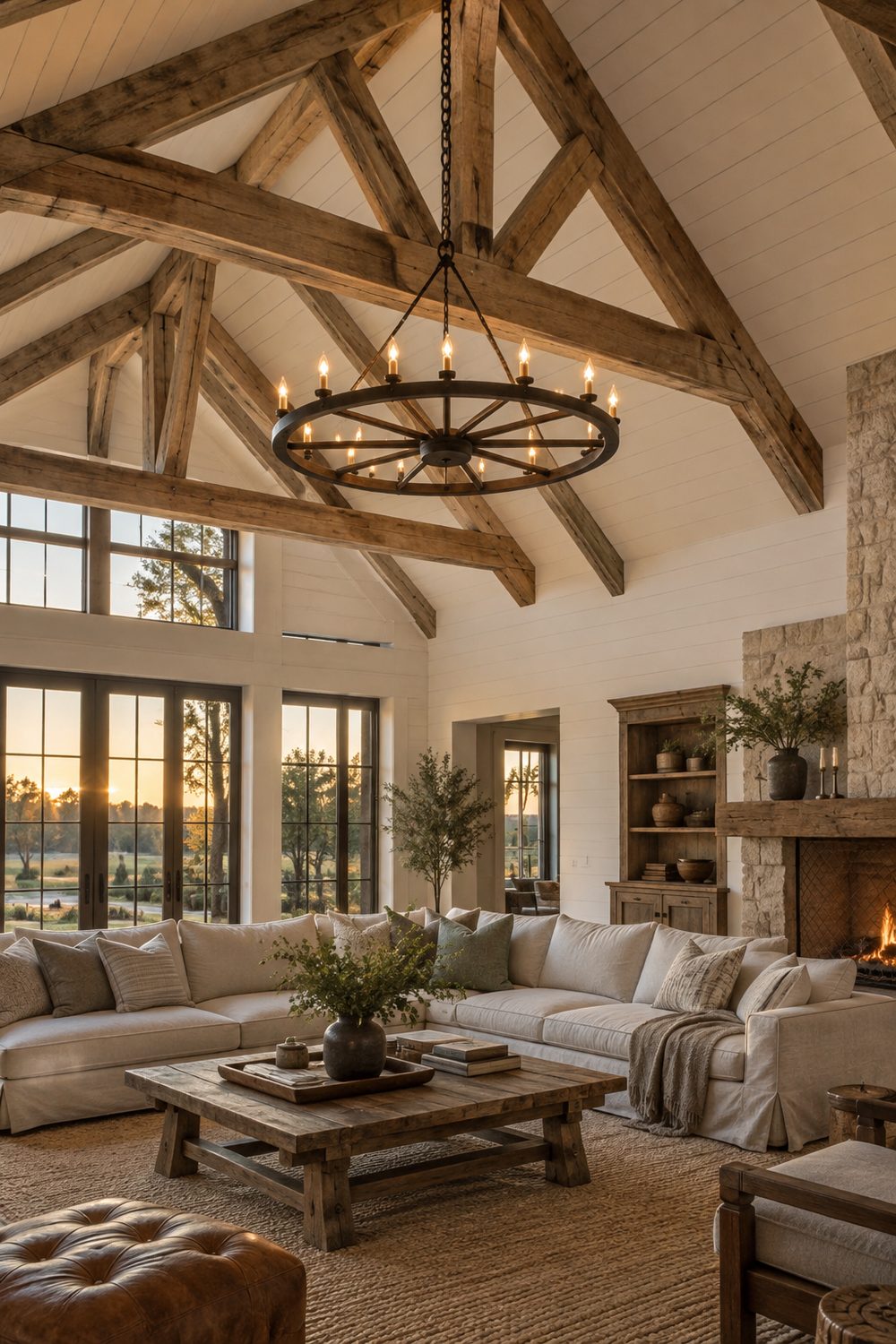 Black iron wagon wheel chandelier hanging from a timber truss above a linen sectional in a vaulted farmhouse great room
