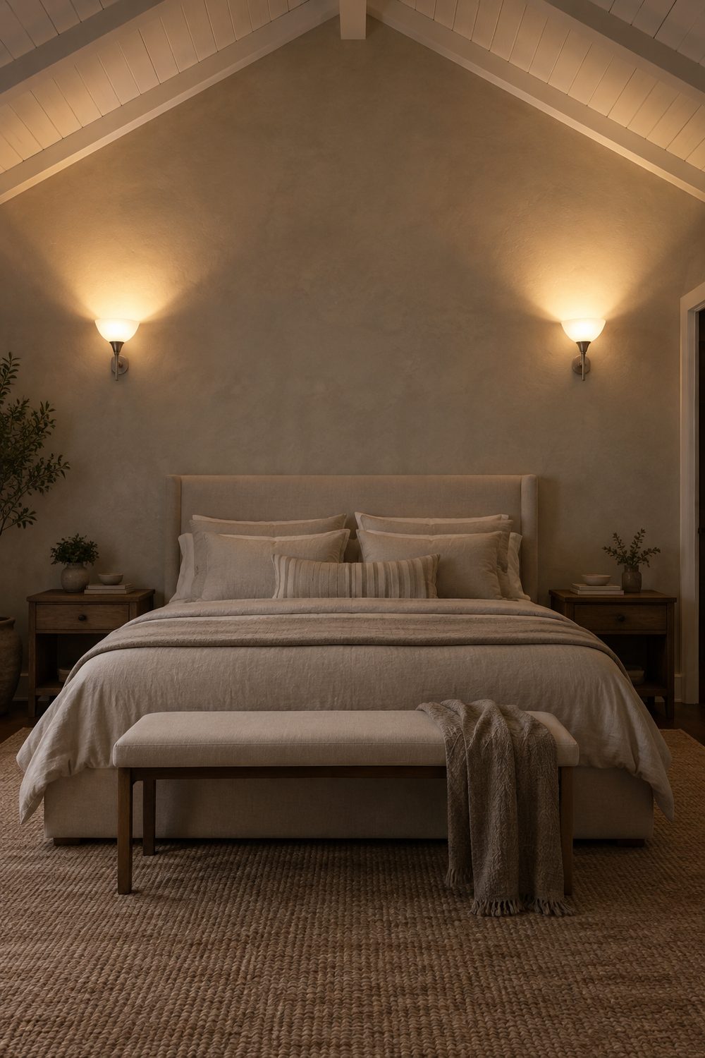 Two frosted up-light wall sconces beside a linen bed casting warm light up a greige wall onto a white vaulted bedroom ceiling