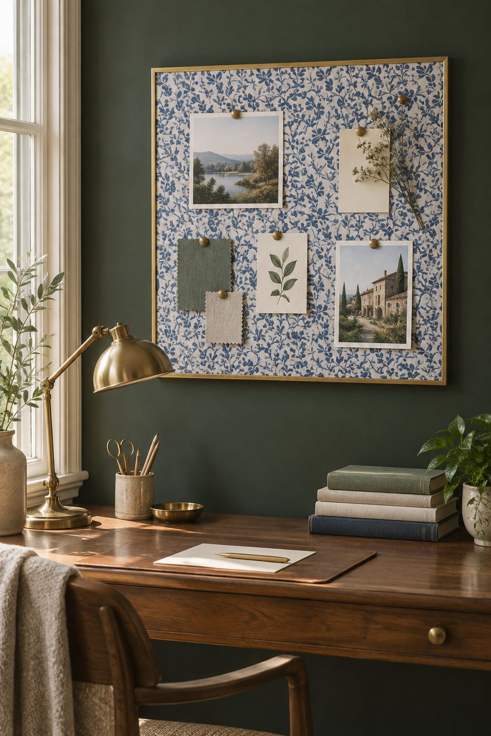 Cork board covered in small scale blue and white botanical wallpaper inside a plain brass frame above a study desk