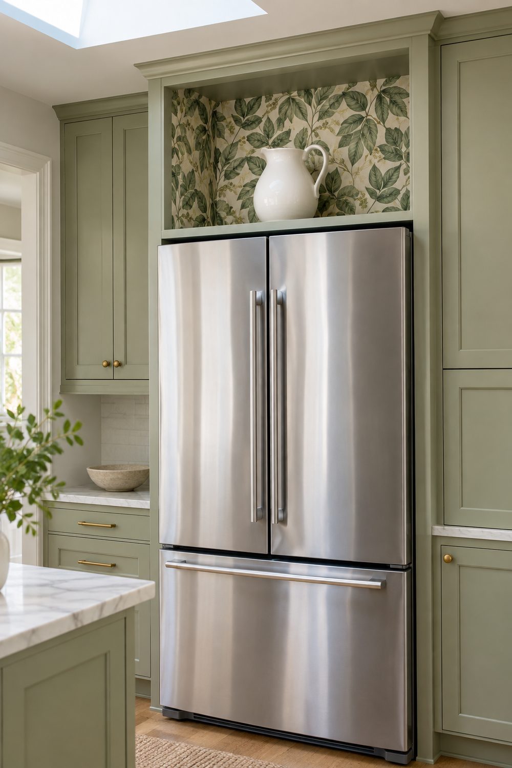 Open niche above a stainless refrigerator lined with green botanical wallpaper, one white jug inside, in a sage kitchen