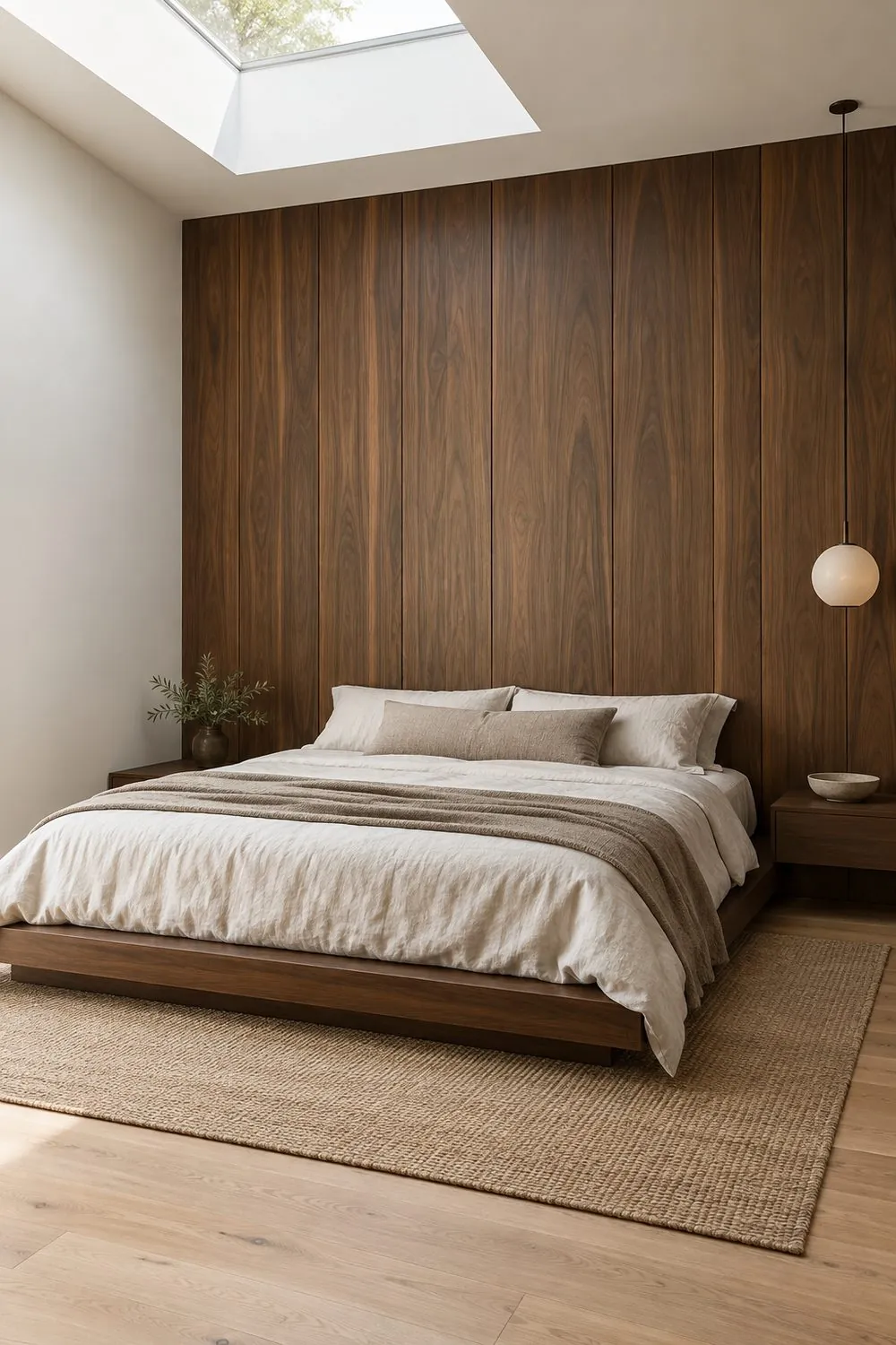 Bedroom with floor to ceiling vertical walnut wood panels behind a low platform bed with white and taupe linen bedding