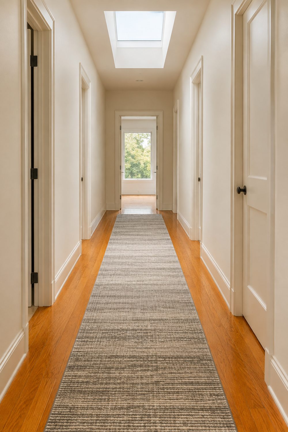 Long hallway with glossy orange oak hardwood floors, creamy warm white walls and ceiling, and a gray and cream runner rug