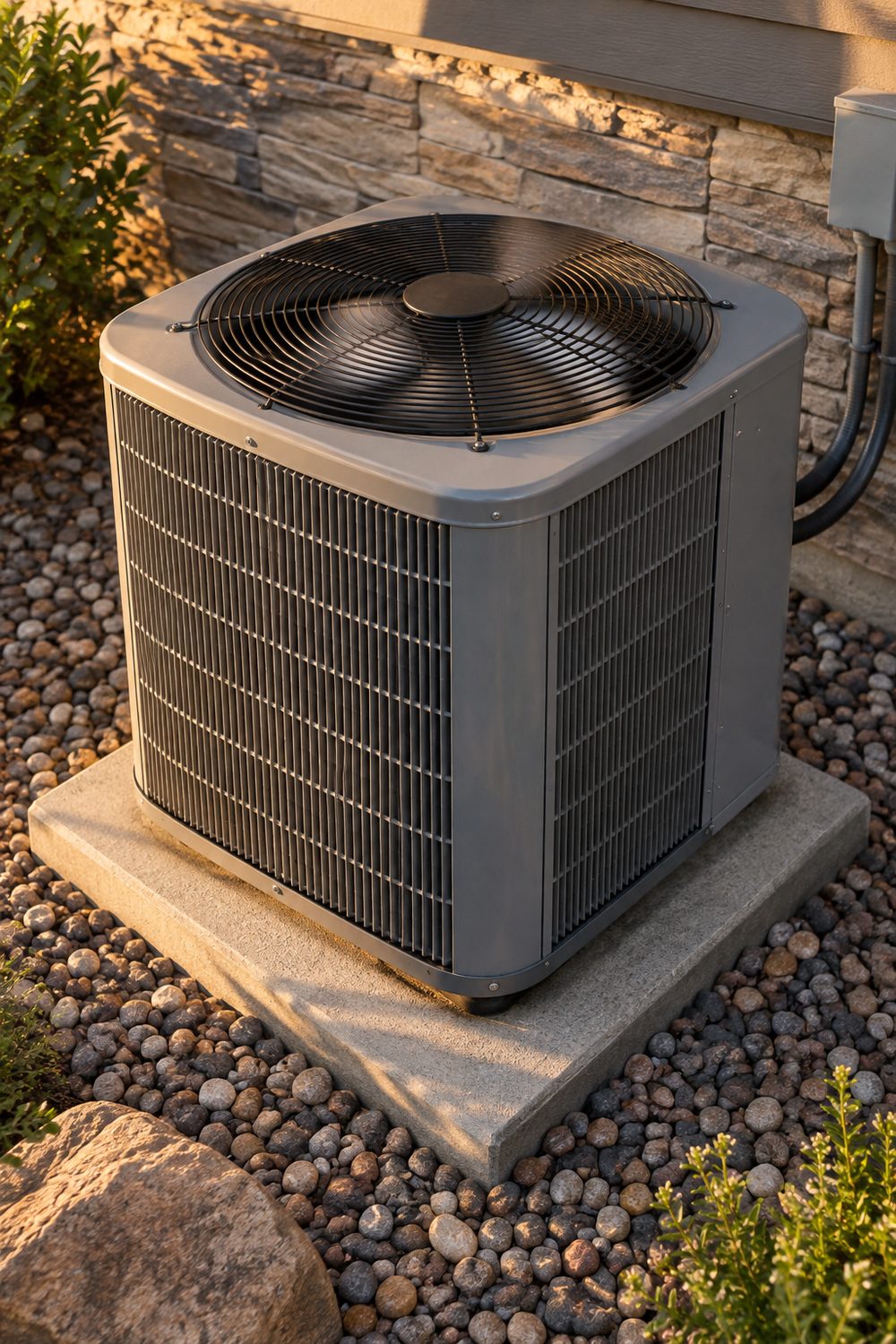 Central air conditioner condenser on a concrete pad seen from above, top fan grille visible, river rock landscaping in golden hour light
