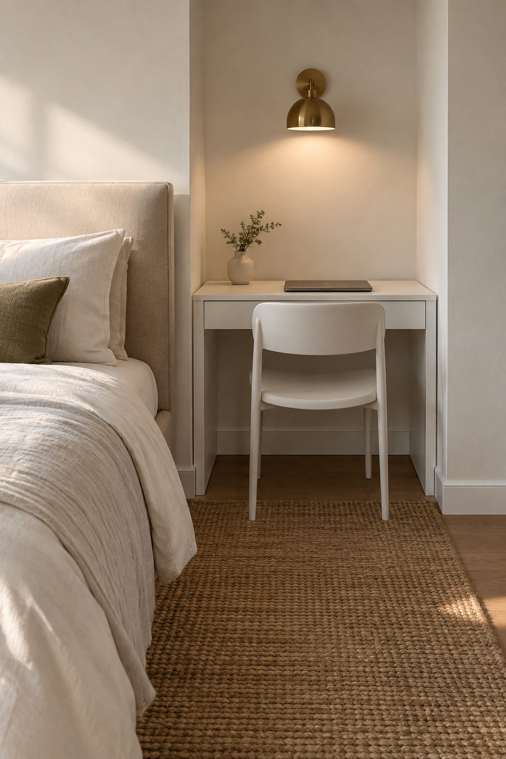 Small white desk in a bedroom wall nook with a brass sconce, tucked white chair and jute rug beside a linen bed