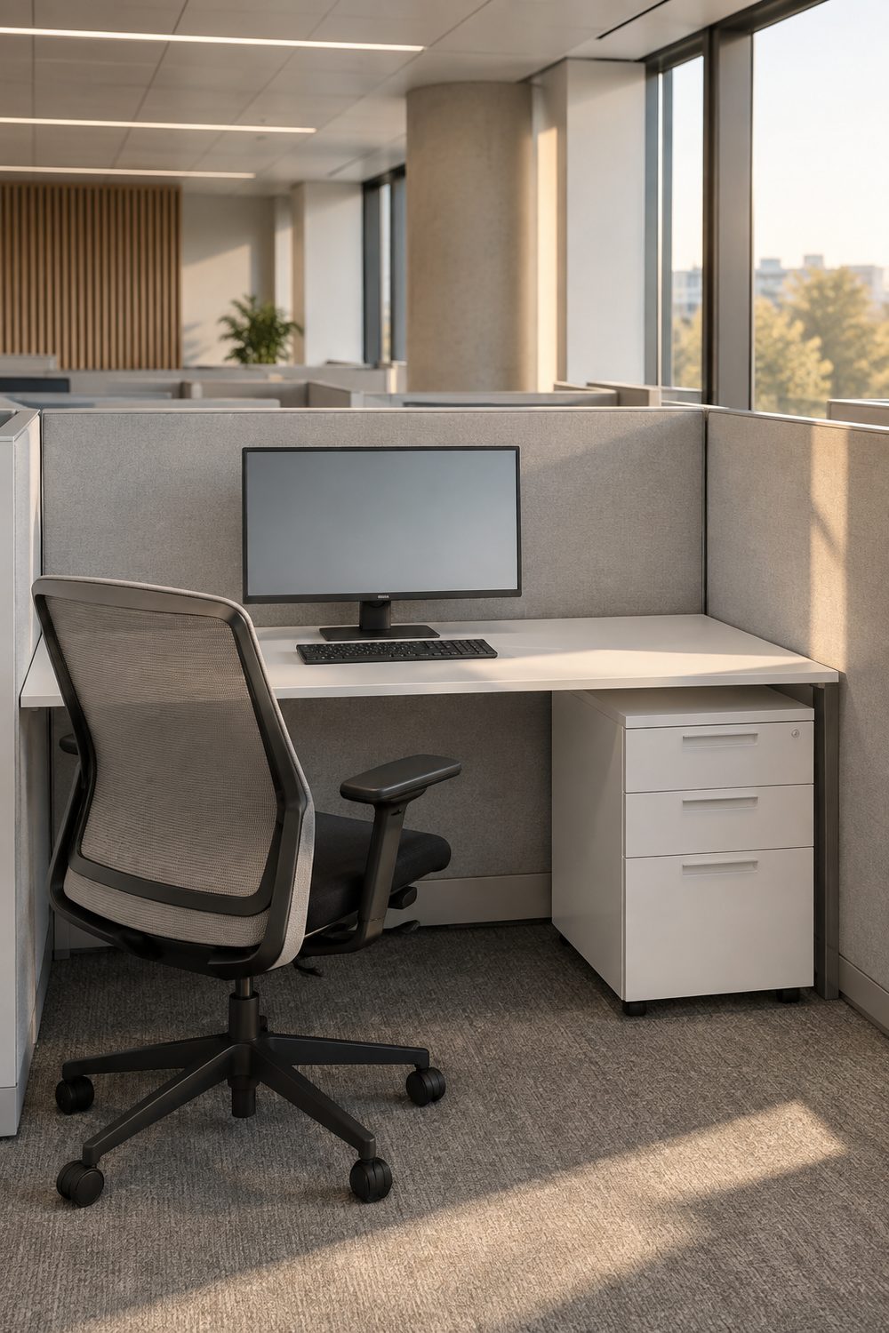White three drawer pedestal tucked under the right side of a white cubicle desk with open legroom on the left