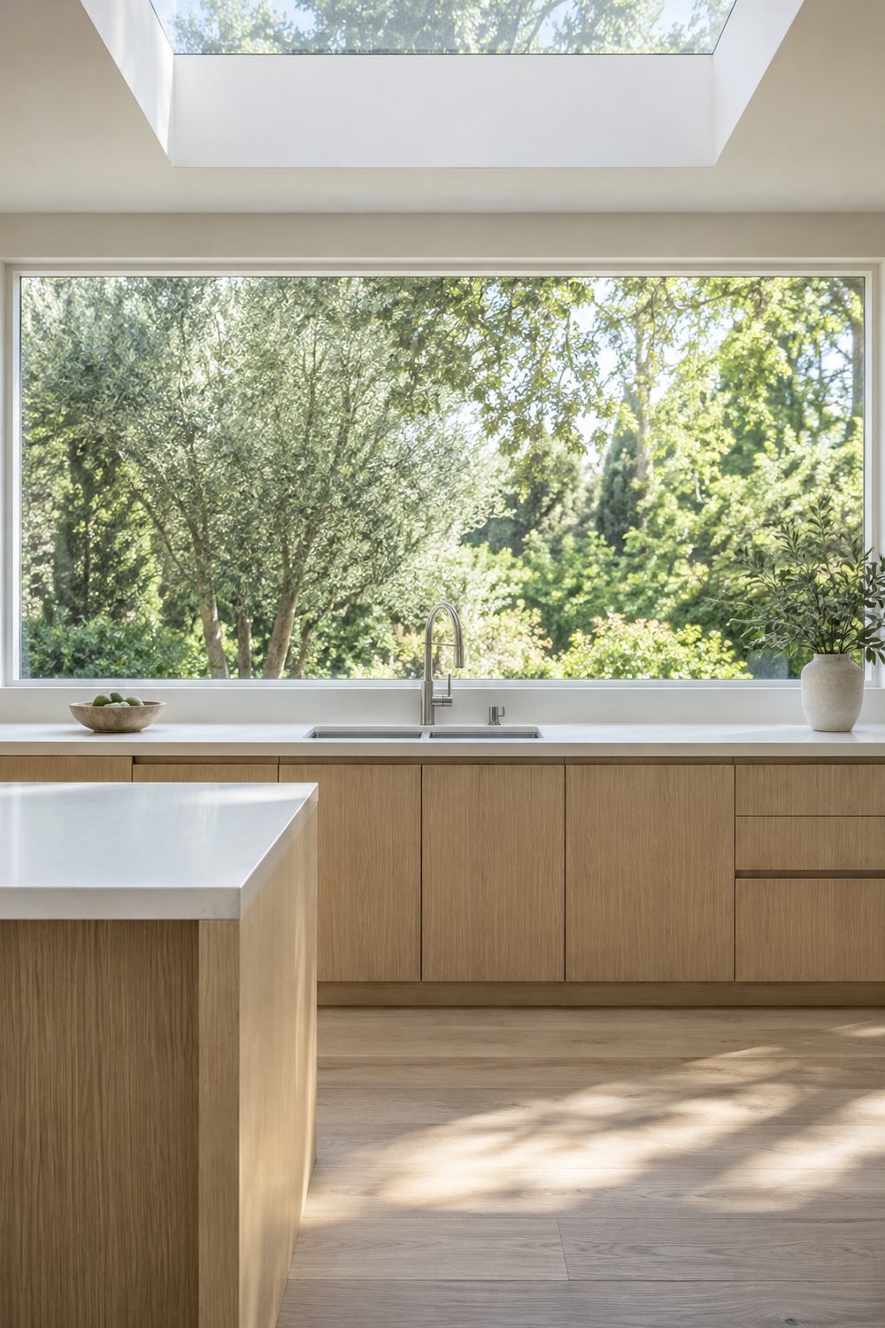 Wide single pane picture window behind a double kitchen sink, garden trees outside, light oak cabinets and white quartz