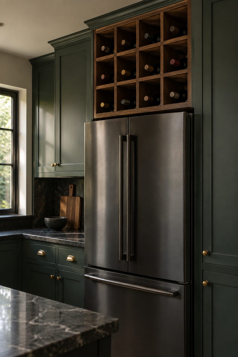 Walnut wine rack cubbies holding bottles above a black stainless refrigerator in a moody dark green kitchen with brass pulls