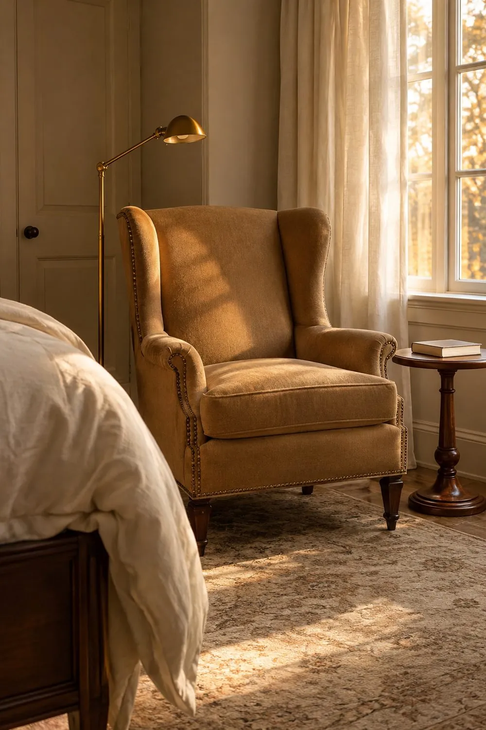 Camel wingback chair beside a tall bedroom window with a round wood side table and a brass reading lamp