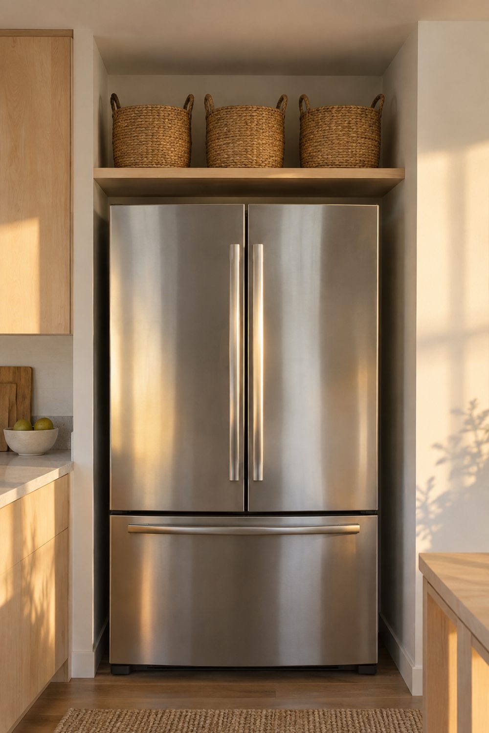 Three seagrass baskets on a pale birch shelf above a stainless refrigerator in a white Scandinavian kitchen