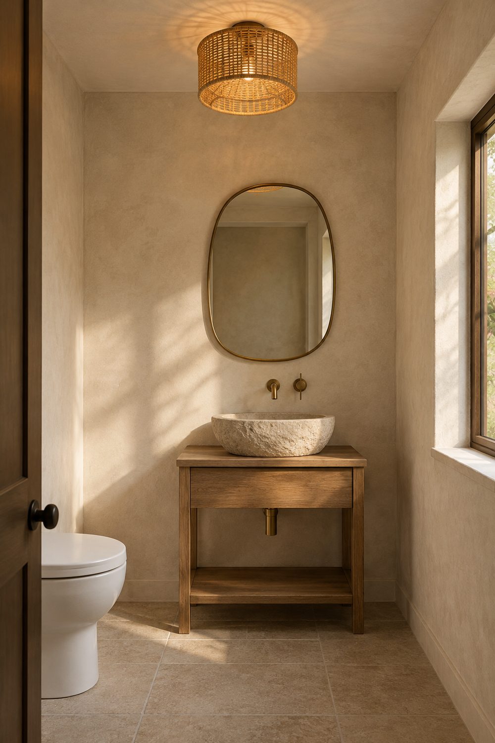 Woven rattan drum flush mount light glowing above a stone vessel sink and oak vanity in a creamy plaster powder room
