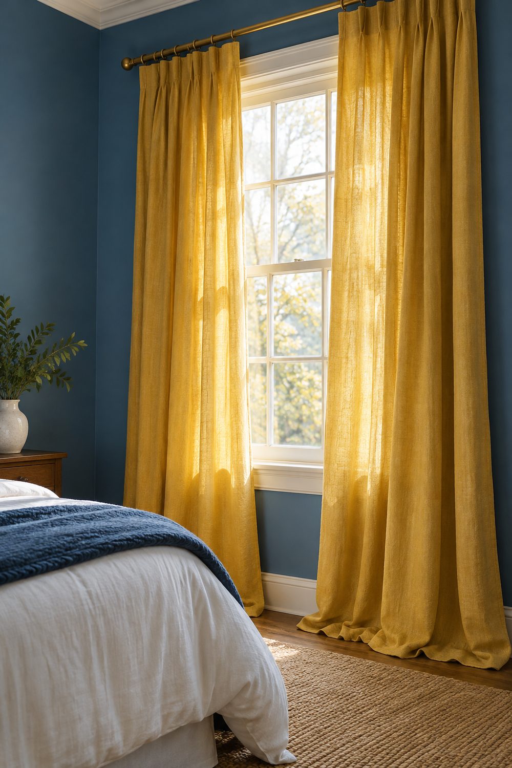 Floor length golden yellow linen curtains on a brass rod at a window in a bedroom with medium blue walls and white bedding