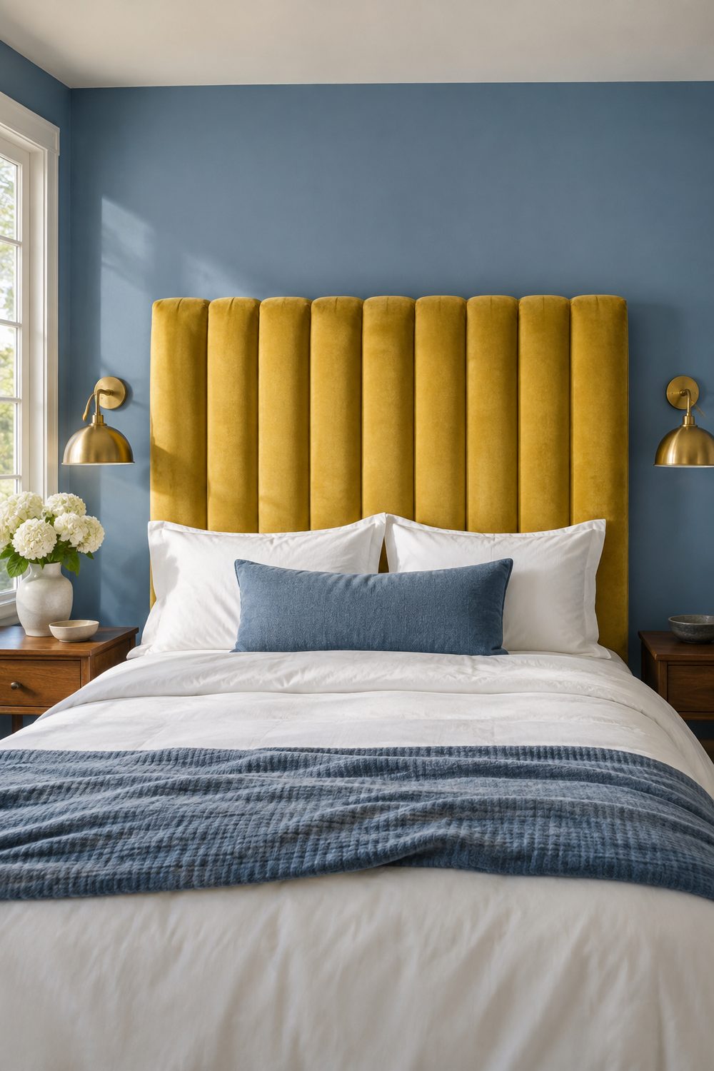 Golden yellow velvet channel tufted headboard against a medium blue painted bedroom wall, white bedding, brass sconces